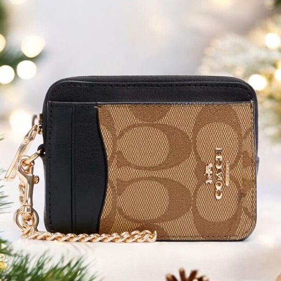 NWT COACH Zip Card ID Case Signature Color-block Canvas Khaki / Tan NEW - Picture 1 of 6